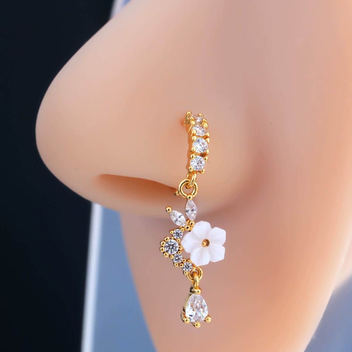 골드 플라워 노즈 링, 댕글 CZ 크리스탈 눈물방울 노 - Body Jewelry Surgical Steel 리뷰 및 가격